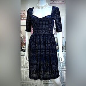 Anthropologie Meadow Rue Geo-Burnout Velvet Sheer Dress in Midnight Blue Size XS